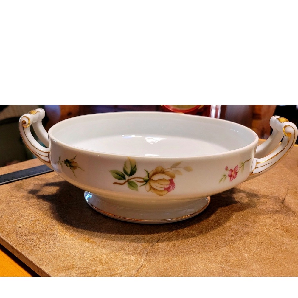 Vintage Porcelain Serving Bowl Floral Rose Gold Trim Handles‎ Pedestal